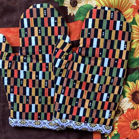 Handmade Apron + Matching Oven Mitts Size S Sunflowers Fall Colors Kitchen - Picture 4 of 5